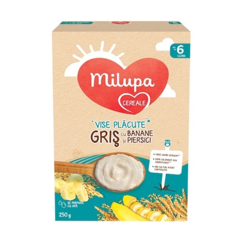 Milupa Cereale Gris cu Banana si Piersica Vise Placute, 250g