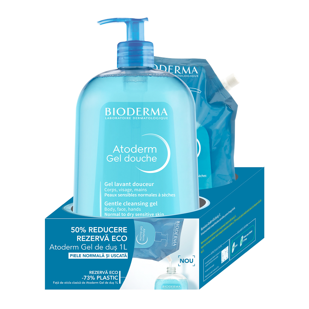 Pachet Gel de dus Atoderm, 1000 ml + Rezerva Eco Gel de dus Atoderm, 1000 ml, Bioderma