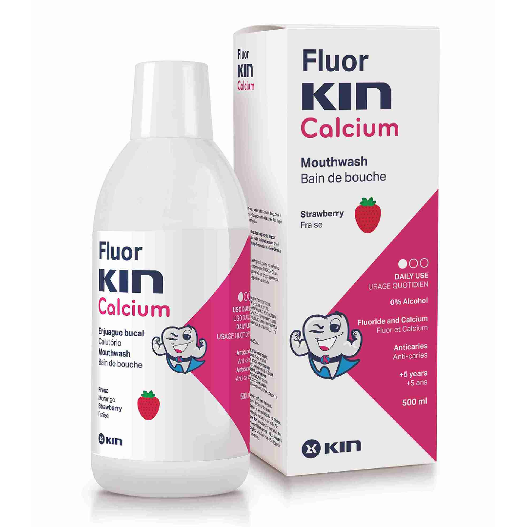 Apa de gura pentru copii cu aroma de capsuni, Fluor Kin Calcium, 500 ml, Kin