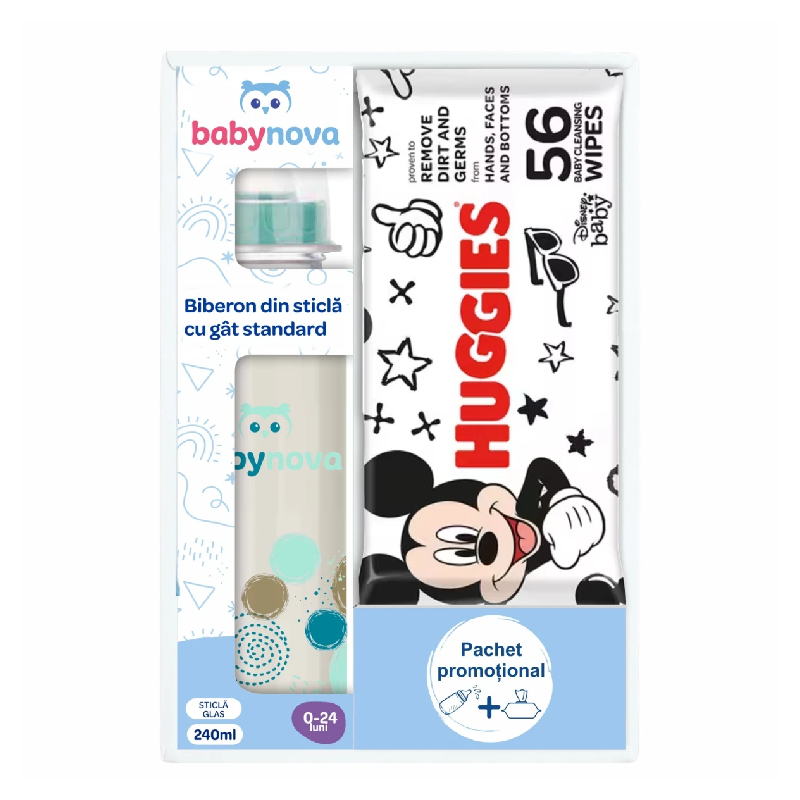 Pachet Biberon din sticla Baby Nova + Servetele umede Huggies Disney