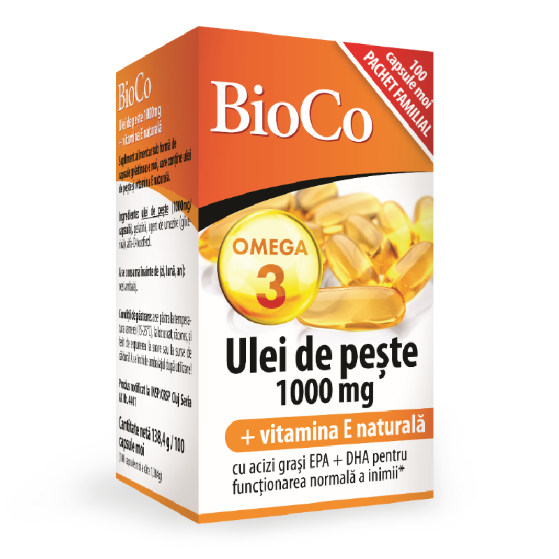 Ulei de pește 1000 mg + vitamina E naturală, 100 capsule moi, BioCo