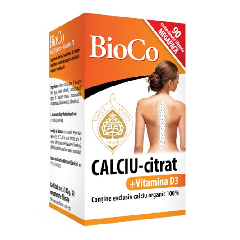 Citrat de calciu + Vitamina D3, 90 comprimate, BioCo