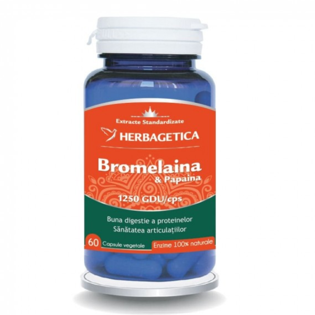 Bromelaina si papaina, 60 capsule, Herbagetica