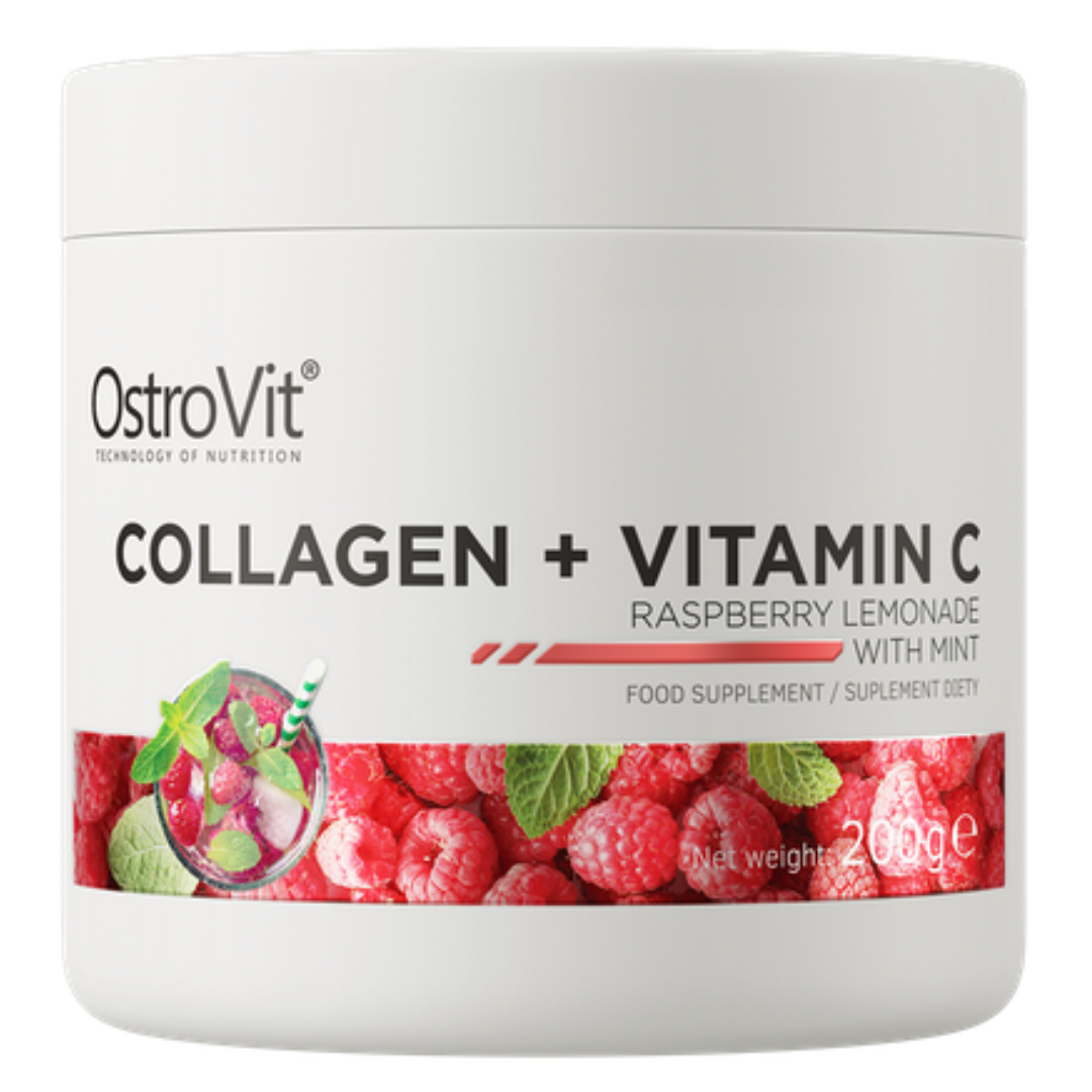 Colagen cu Vitamina C, aroma de zmeură cu mentă, 200g, OstroVit