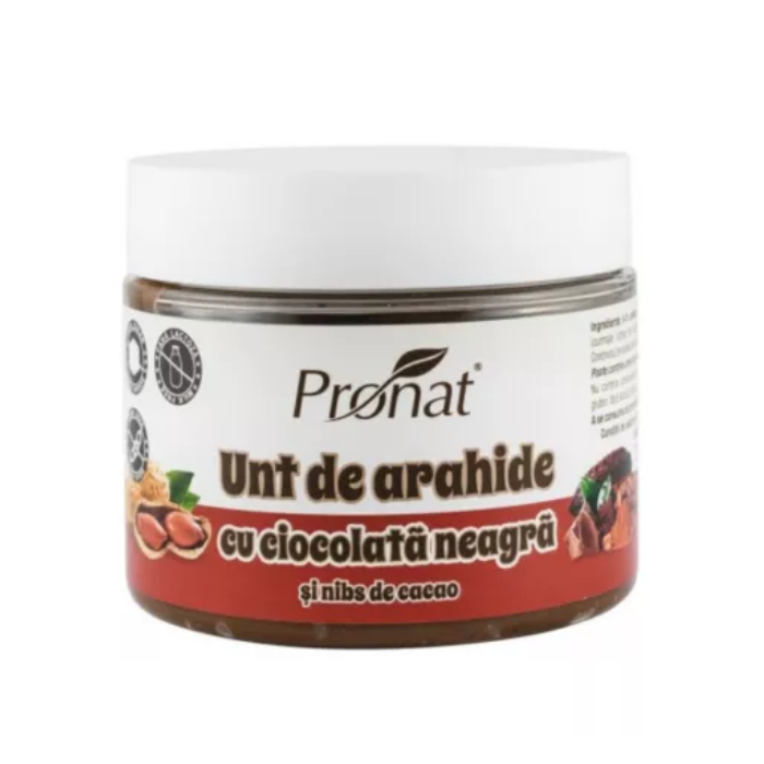 Crema de arahide cu ciocolata neagra si nibs de cacao, 300g, Pronat