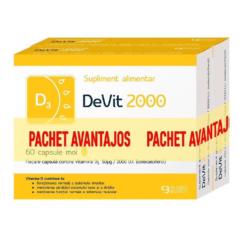 Pachet Vitamina D3 2000UI, 60 capsule+60 capsule, Devit