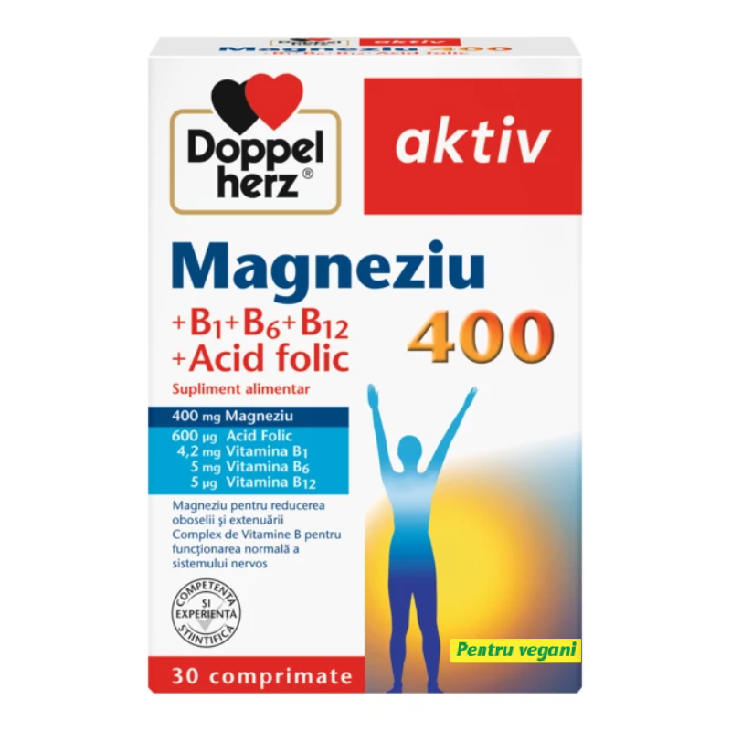 Magneziu 400+B1+B6+B12+Acid Folic, 30 comprimate