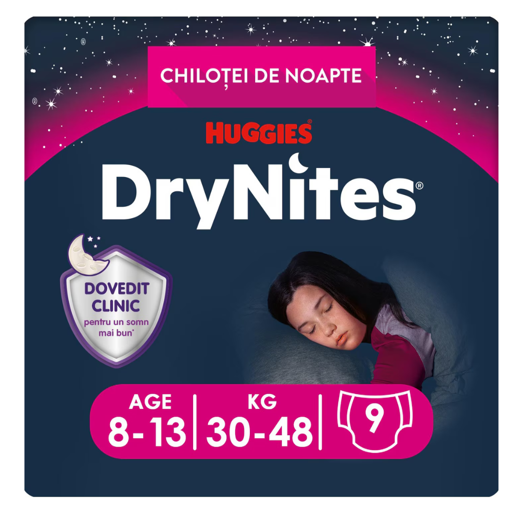 Scutece incontinență DryNites, 30-48kg, fete 8-13 ani, 9bucati, Huggies