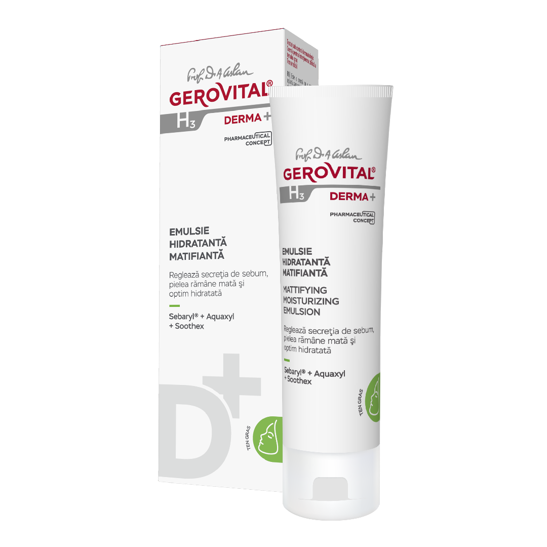 Emulsie hidratanta matifianta ten gras H3 Derma+, 50 ml, Gerovital