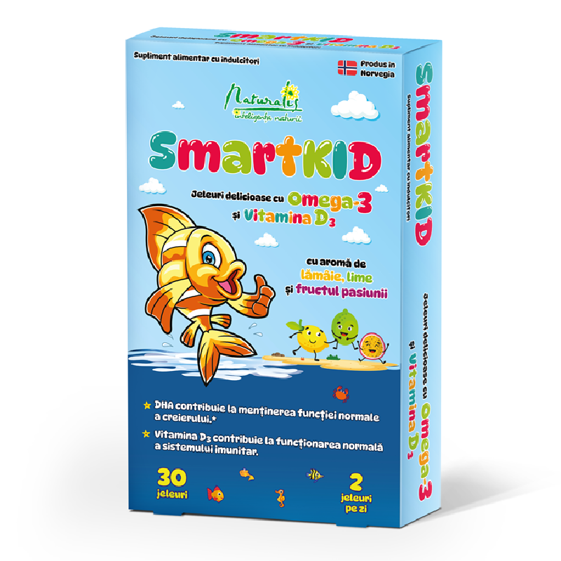 Smartkid cu Omega-3 si vitamina D, aroma fructul pasiunii, 30 jeleuri, Naturalis