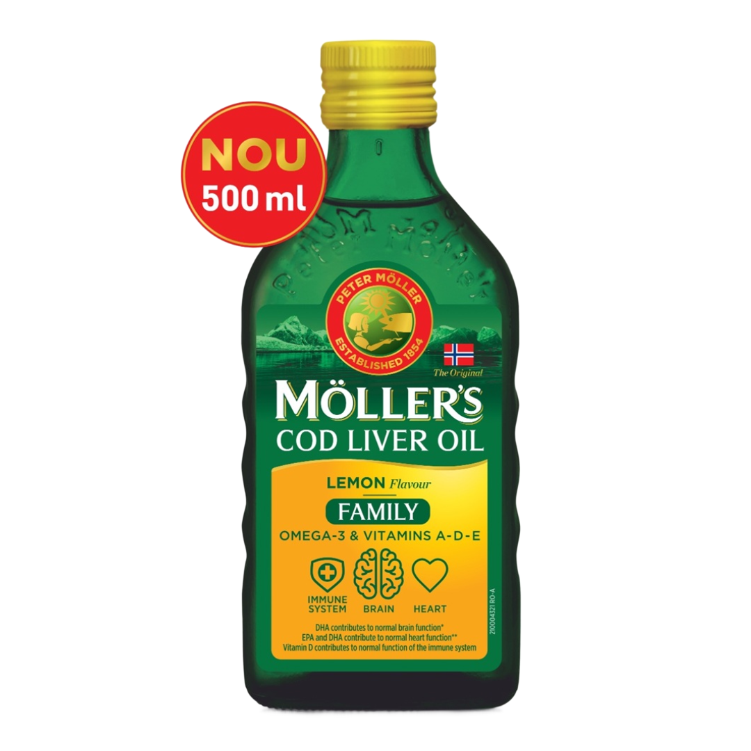 Cod liver oil Omega 3 cu aroma de lamaie Family, 500 ml, Moller\'s