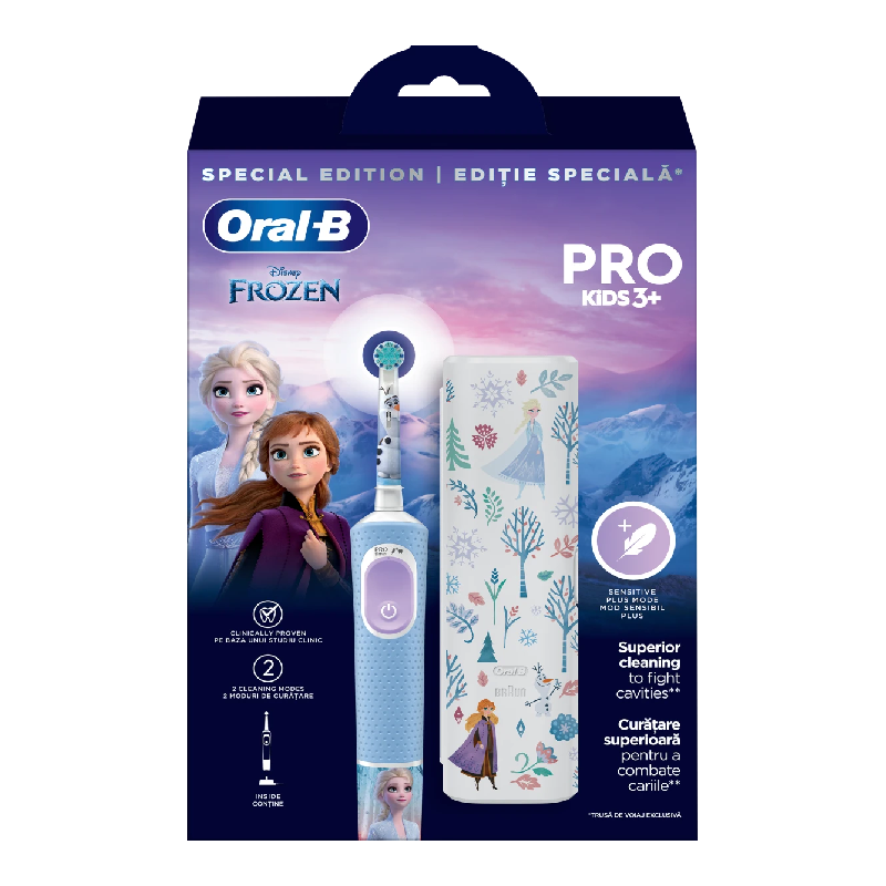 Periuță de dinți electrică + trusă de călătorie Vitality Pro Kids Frozen, pentru copii 3+ ani, Oral-B