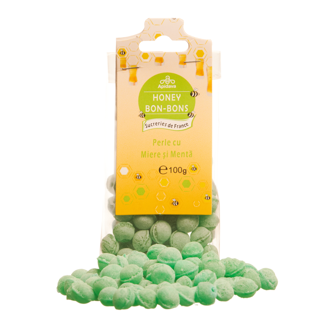 Bomboane perle miere, menta, 100g, Apidava