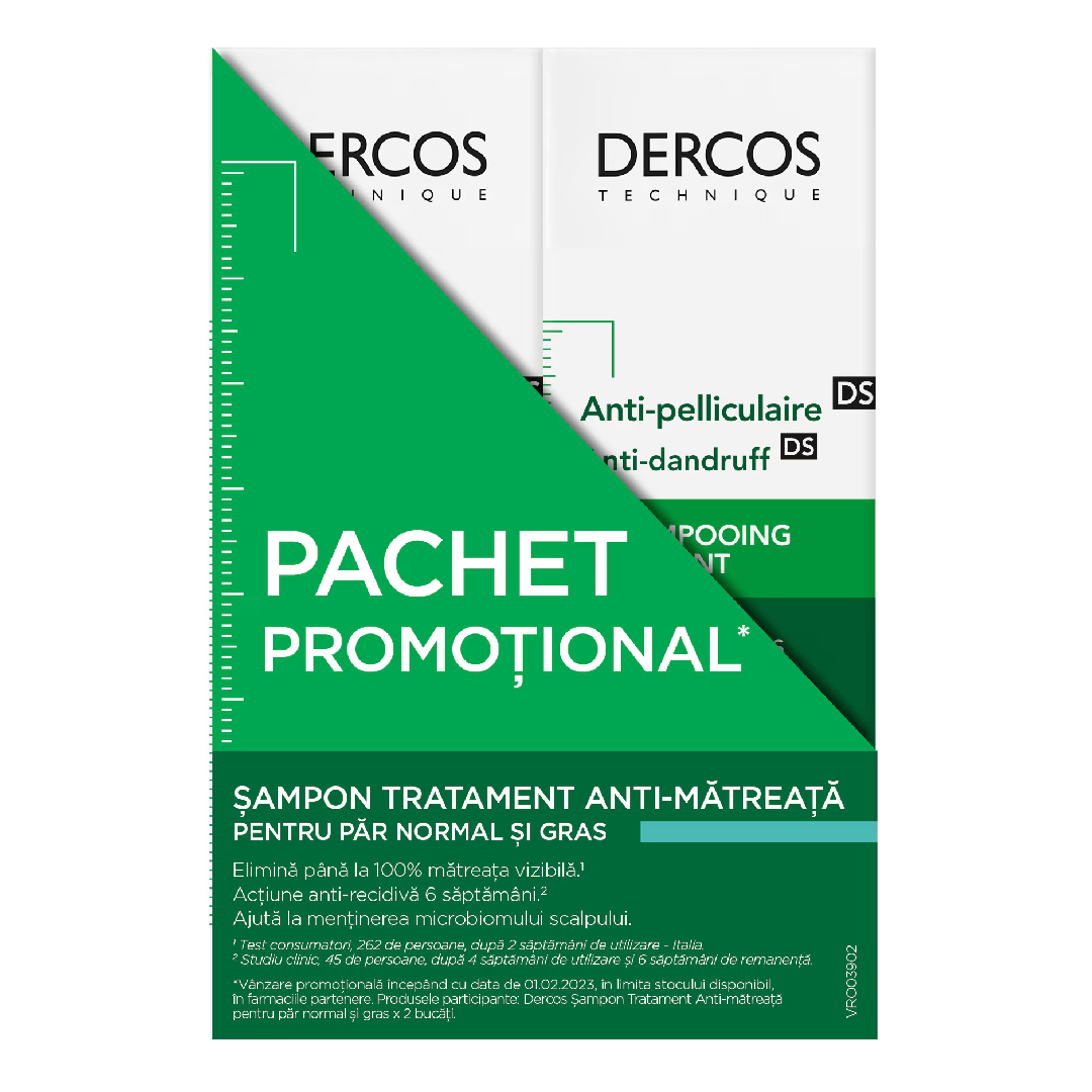 Pachet Sampon anti-matreata pentru par normal-gras Dercos, 2*200 ml, Vichy