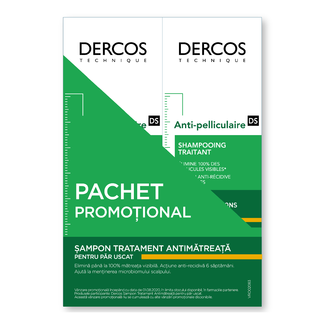 Pachet Sampon anti-matreata pentru par uscat Dercos, 2*200 ml, Vichy