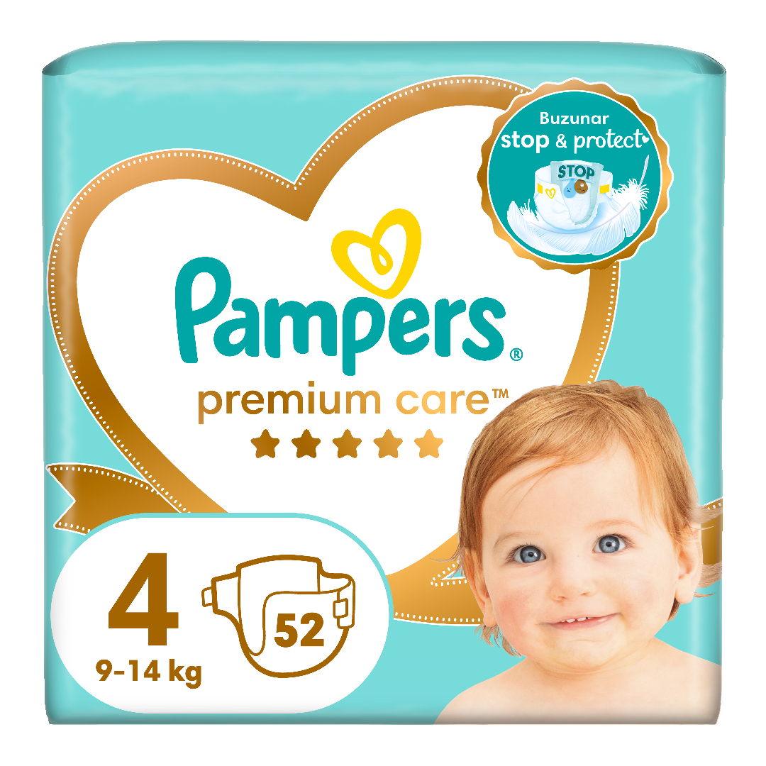 Scutece Premium Care, marimea 4, 9-14kg, 52 bucati, Pampers