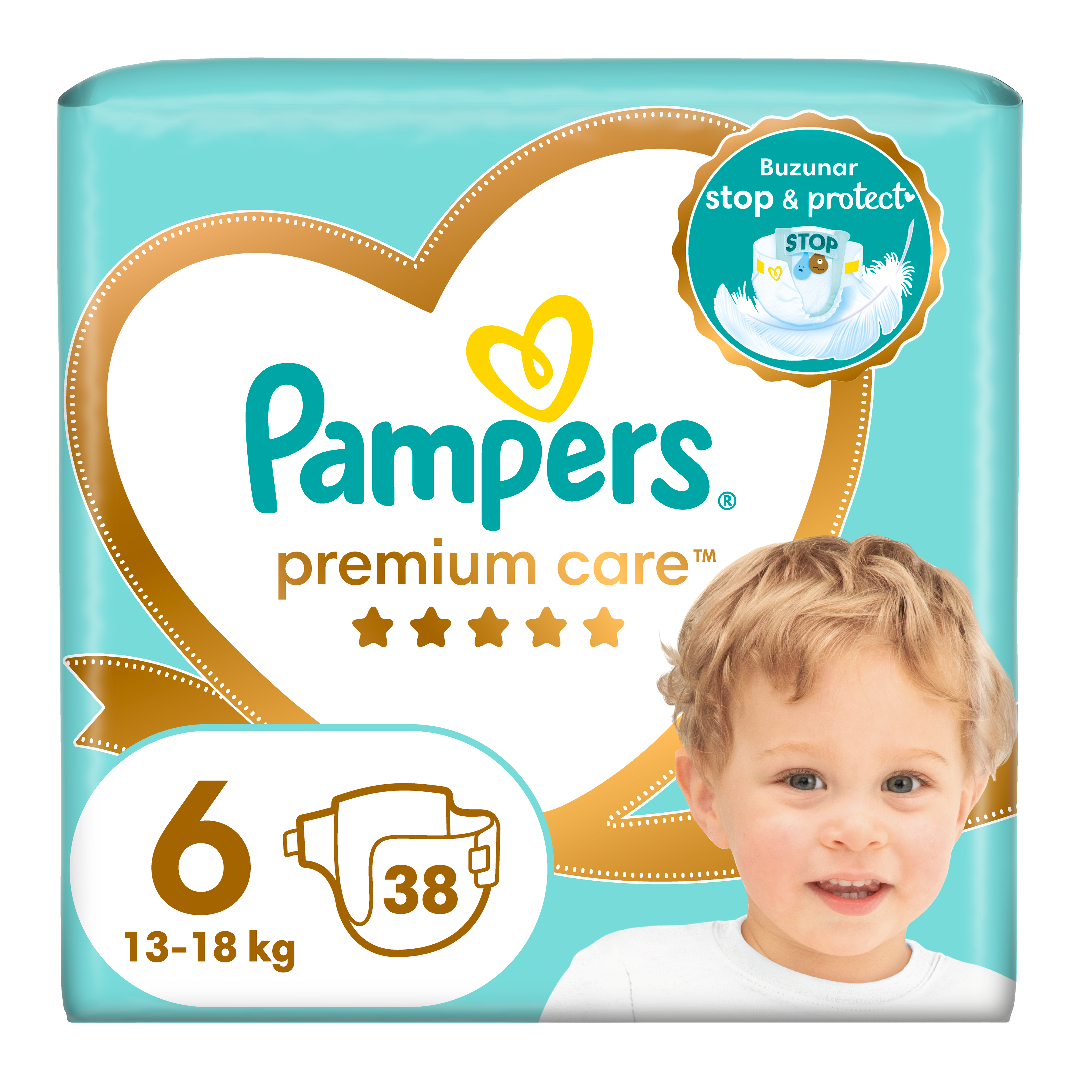 Scutece Premium Care, marimea 6, 15+kg, 38 bucati, Pampers