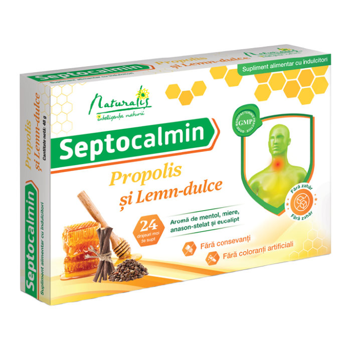 Septocalmin Propolis si Lemn-dulce, 24 drajeuri, Naturalis