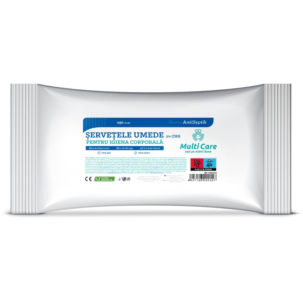 Servetele Umede Igiena Corporala AntiSeptik 2% CHG, Multi Care, 50 buc