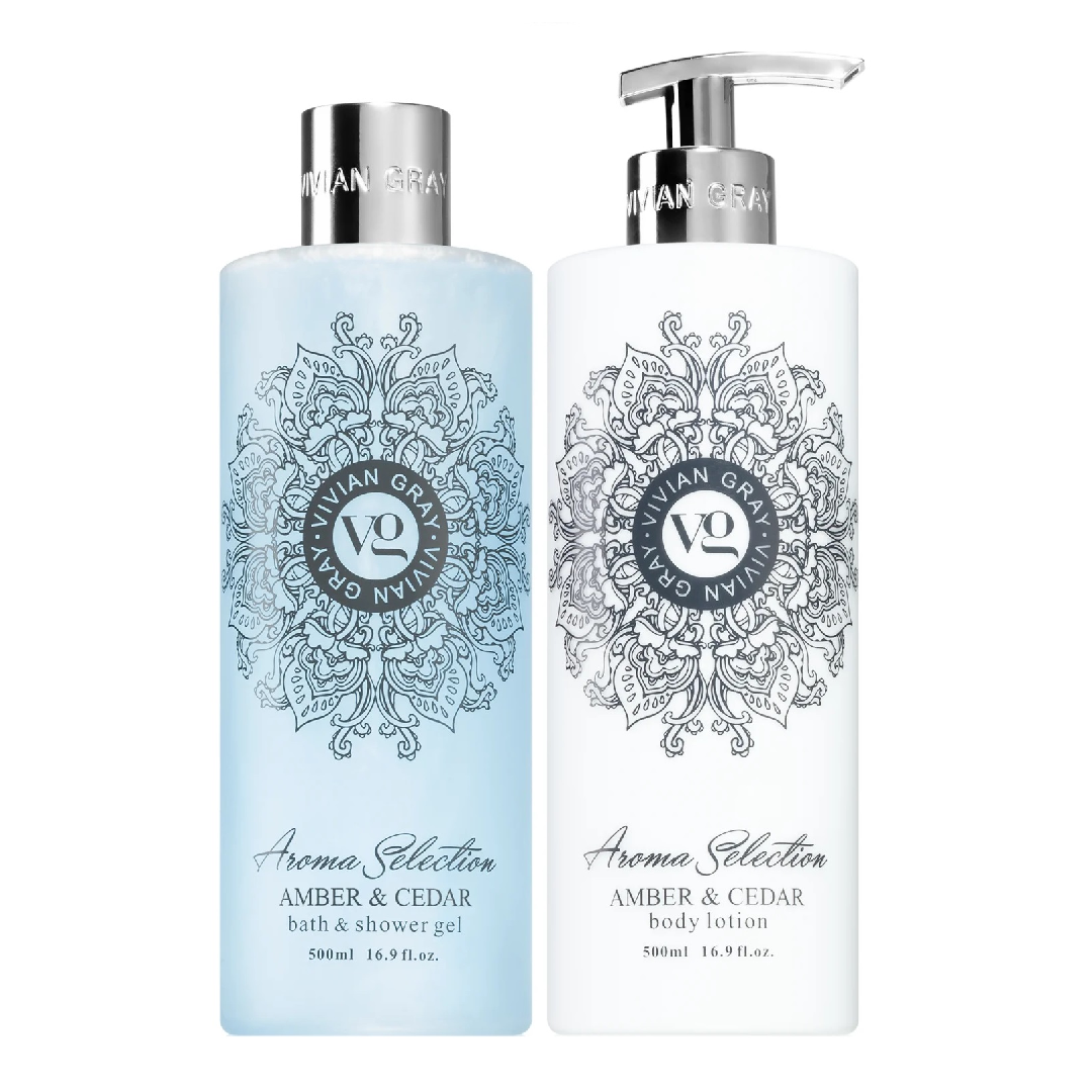 Set lotiune de corp & Gel de dus Aroma Selection Amber&Cedar, 2*500ml, Vivian Gray