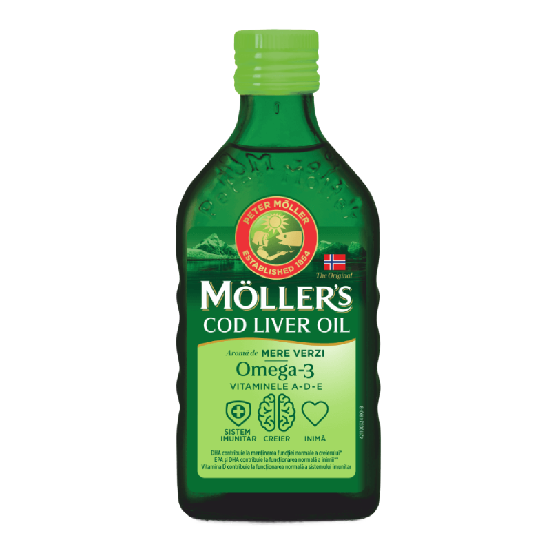 Cod liver oil Omega-3 aroma de mere verzi, 250ml, Moller\'s