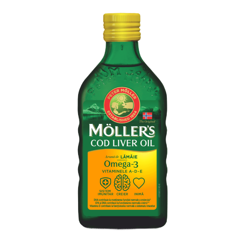 Cod liver oil Omega 3 cu aroma de lamaie, 250ml, Moller\'s