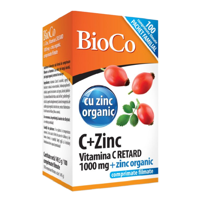 Vitamina C 1000mg + Zinc 15mg, 100 bucati, BioCo